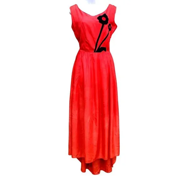 Vintage 30s Style Red Orange Acetate Maxi Size S Black Appliqué Gown Prom Dress - Picture 2 of 14